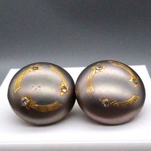 Vintage Shooting Star Clip On Earrings, Silver Domes with Gold Tone Etched Comet